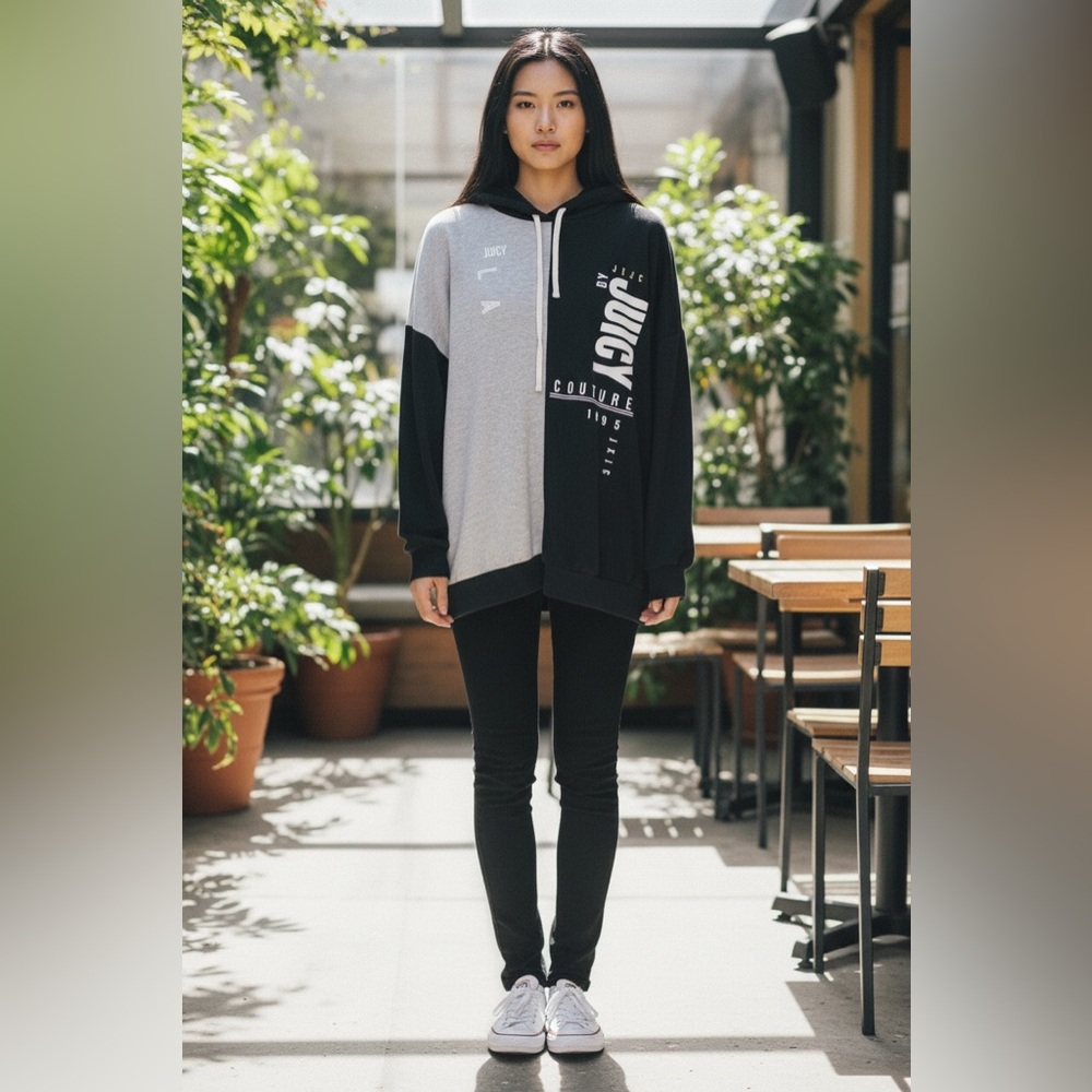 Juicy Couture Vintage Black/Gray Color-Block Hoodie Women’s Sz S Oversized Y2K